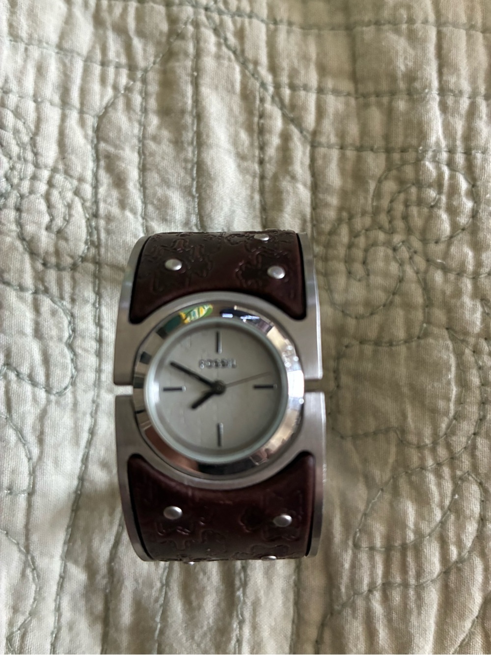 Fossil Silver Dial Watch with Brown Leather Cuff